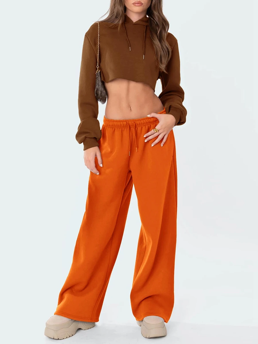 Womens Wide Leg Sweatpants Elastic High Waist Straight Legged Sweatpants Basic Baggy Comfy Jogger Sweat Pants Orange Gray Bottom