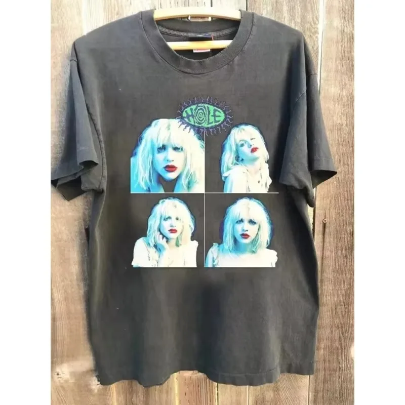 Classic Men's Wear Hole Courtney Love 90s Basic StyleReprinted Charcoal Gray T-shirt