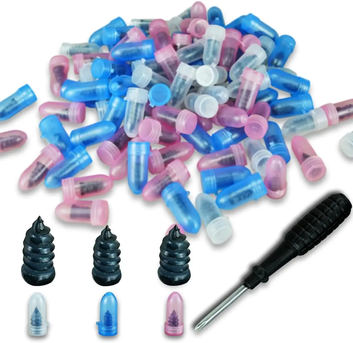 

100 Pcs Tire Repair Kit with Screwdriver, 3 Sizes Rubber Nails and Screws for Fast Self-Service Puncture Fix