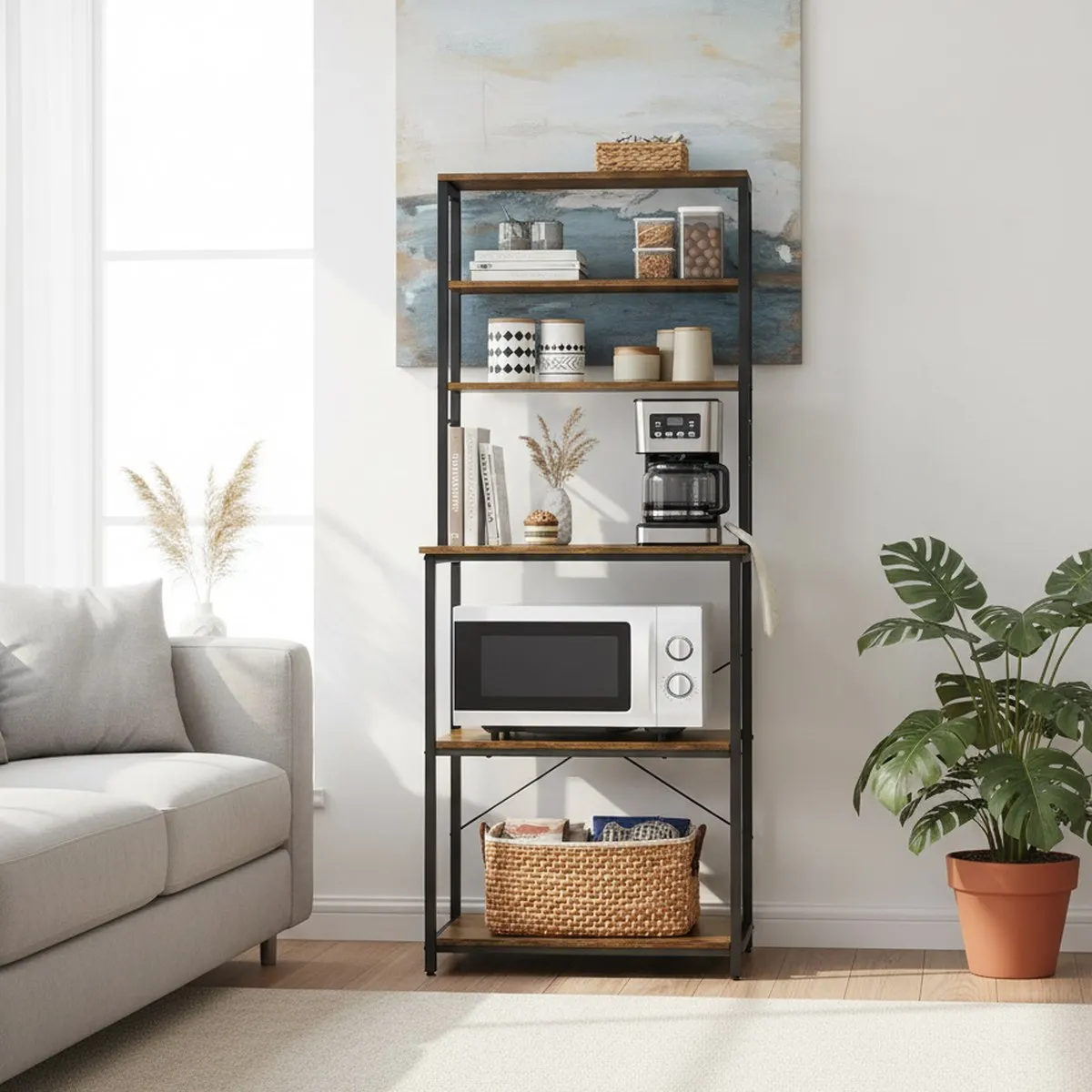 6 Tier Baker s Rack Microwave Stand Rustic Brown Wood Metal Storage Shelf with Hooks