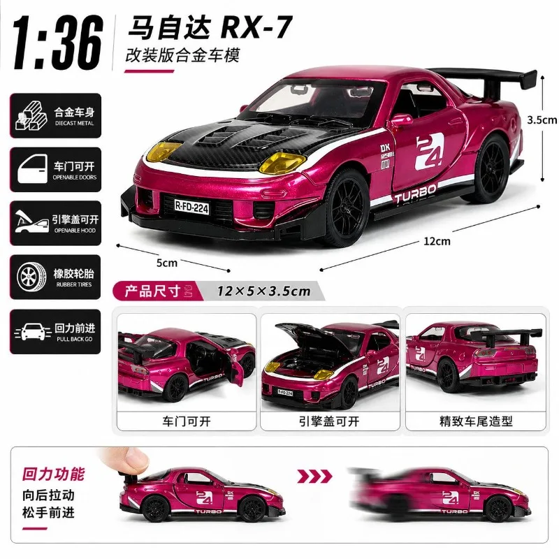 1:36 Mazda RX7 Modified Alloy Diecast Racing Car Open Doors Hood Rubber Tire Pull Back Classic JDM Style Collectible Gift