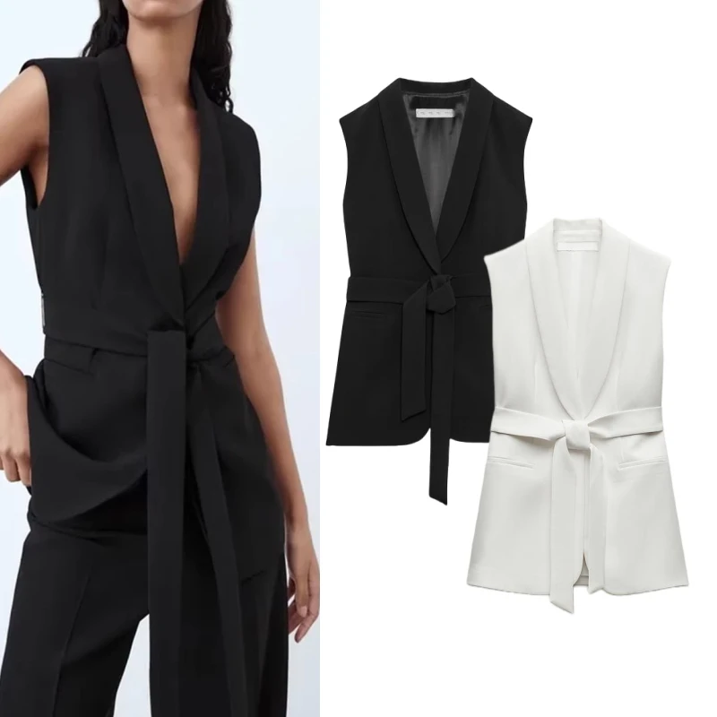 Long Sleeveless Vest Coat with Waist Belt Formal Shirt Collar All Match Women's Cotton Blend Outerwear Summer Season