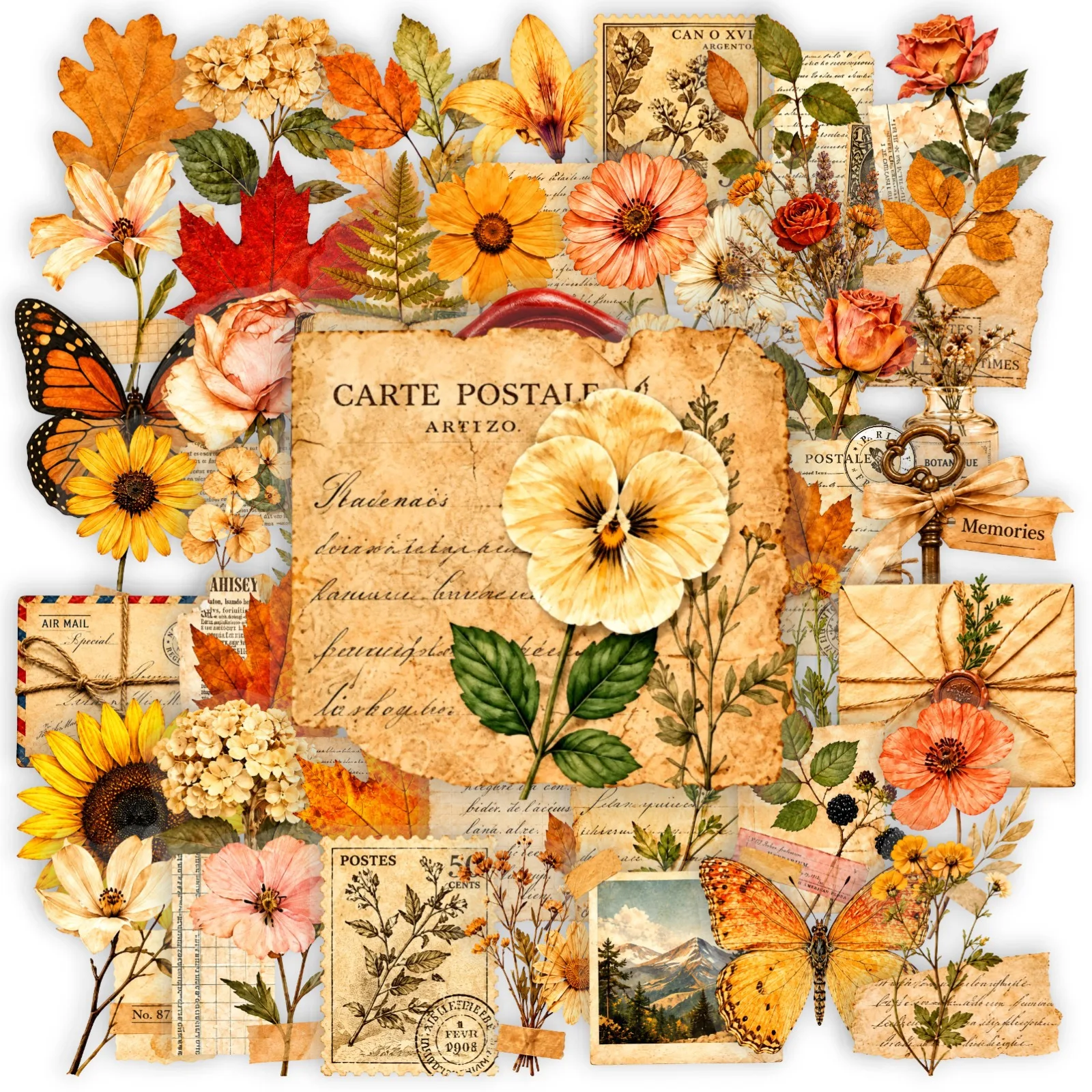 50pcs Cartoon Vintage Flower Transparent PET Stickers – Old Paper Letter & Stamp Butterfly Journal Stickers