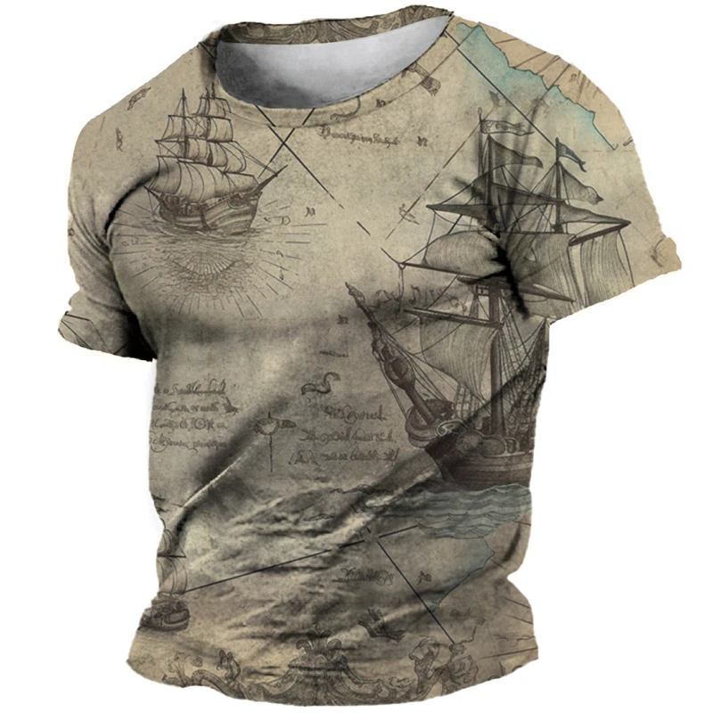 3D Vintage Compass Print T-Shirt For Mens Short Sleeve Tops Fashion Street Ship Graphic T Shirt Oversized Tee Shirt Men Clothing