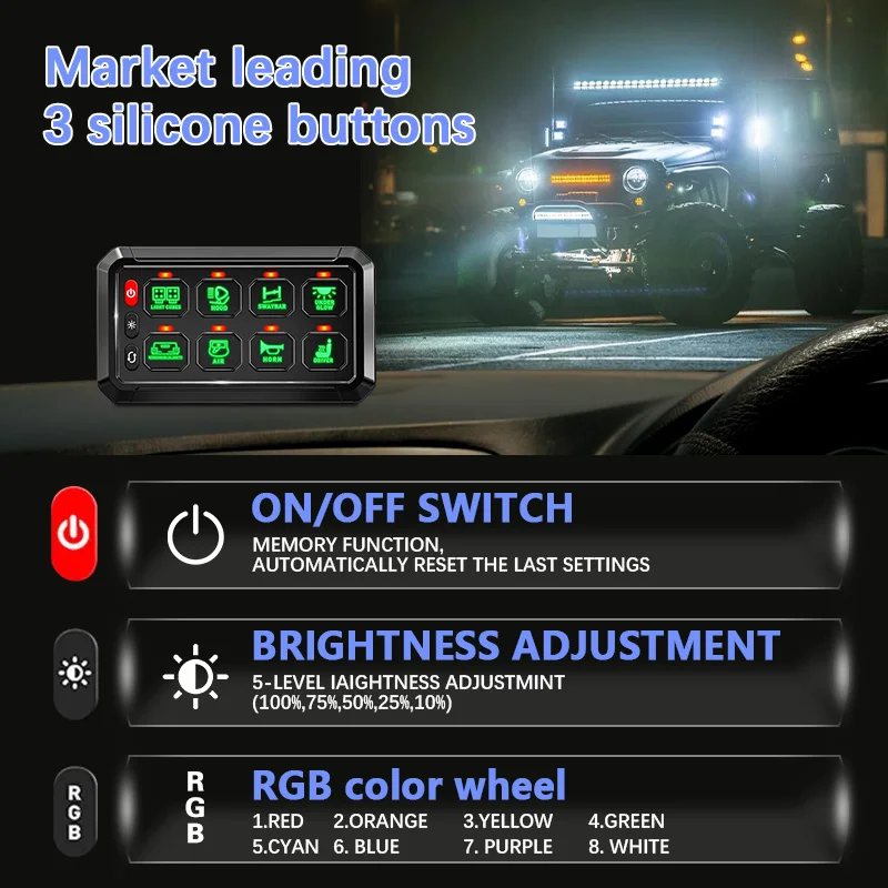 RGB 8 Gang App Switch Panel Wireless APP Control Multifunction 12V 24V LED On-Off Switch Panel for Truck RV ATV UTV Boat Offroad
