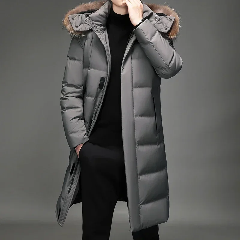 Winter Long Down Jacket Men's Light Luxury Fur Collar Hooded Windproof White Duck Down Warm Coat Korean Thick Snow Puffer Jacket