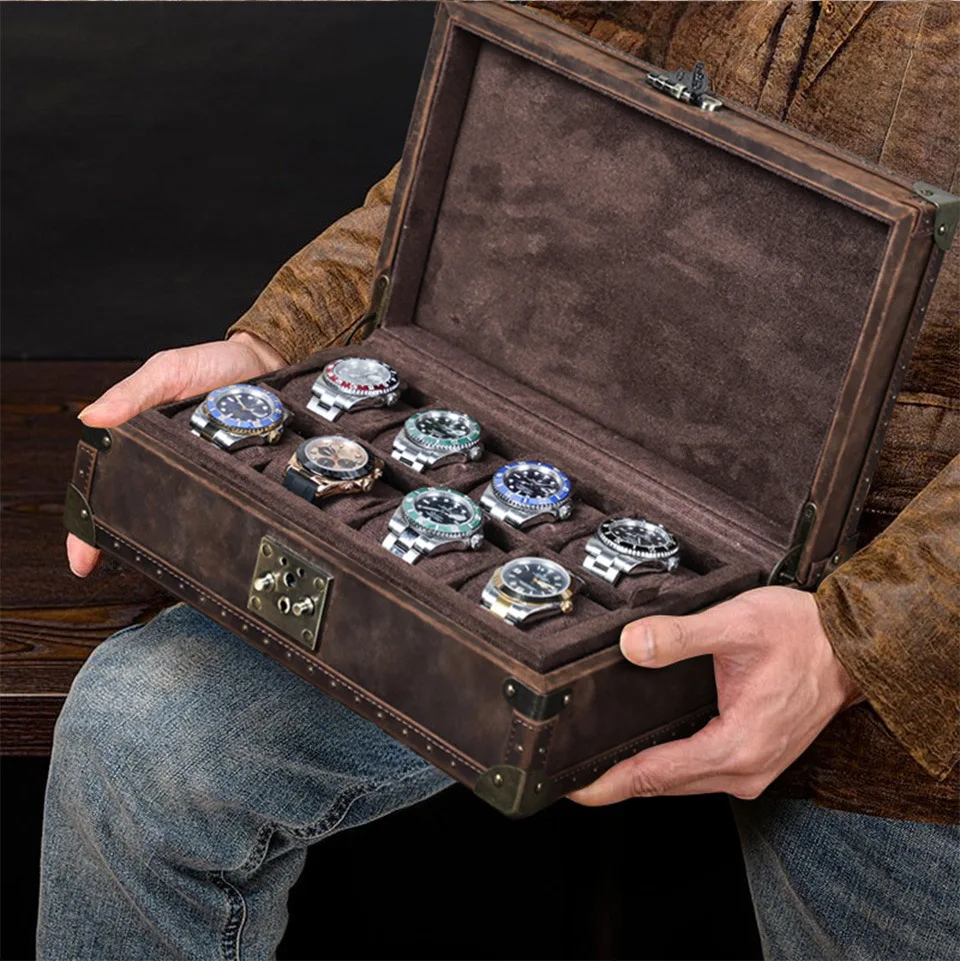 Retro Crazy Horse Leather Watch Box 8 Slots Handmade Genuine Leather Mechanical Wrist Watch Storage Case Collection Watch