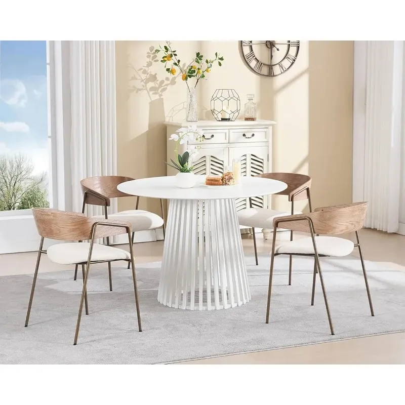 

Set of 4 Upholstered Linen Dining Chairs with Open Wood Back and Bronze Metal Legs