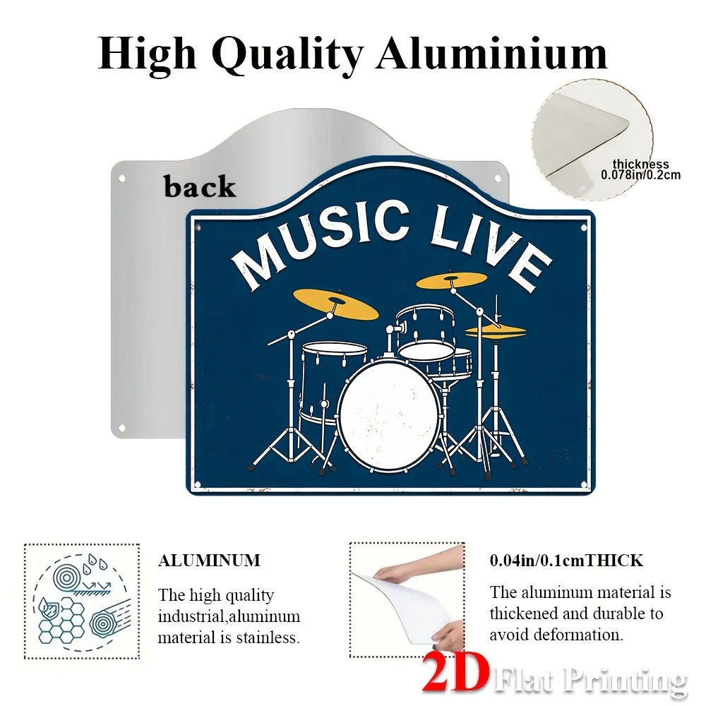 2D Flat, 1pc Vintage Music Live Drum Wall Decor - Metal Sign Suitable For Music Studios, Bars, Home, Bars & Cave - Retro Drum