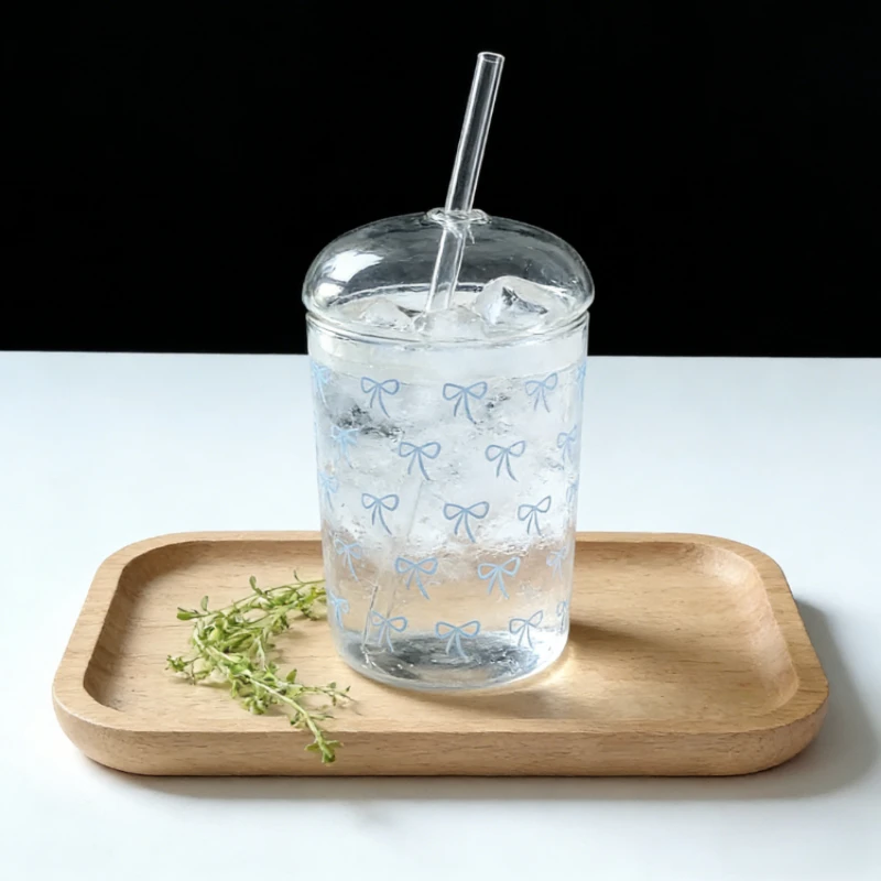 

New Summer Love Heart Glass Cup with Straw Lid High Beauty Bow Print Cute Girlish Style Water Cup Exquisite Daily Drinking Glass
