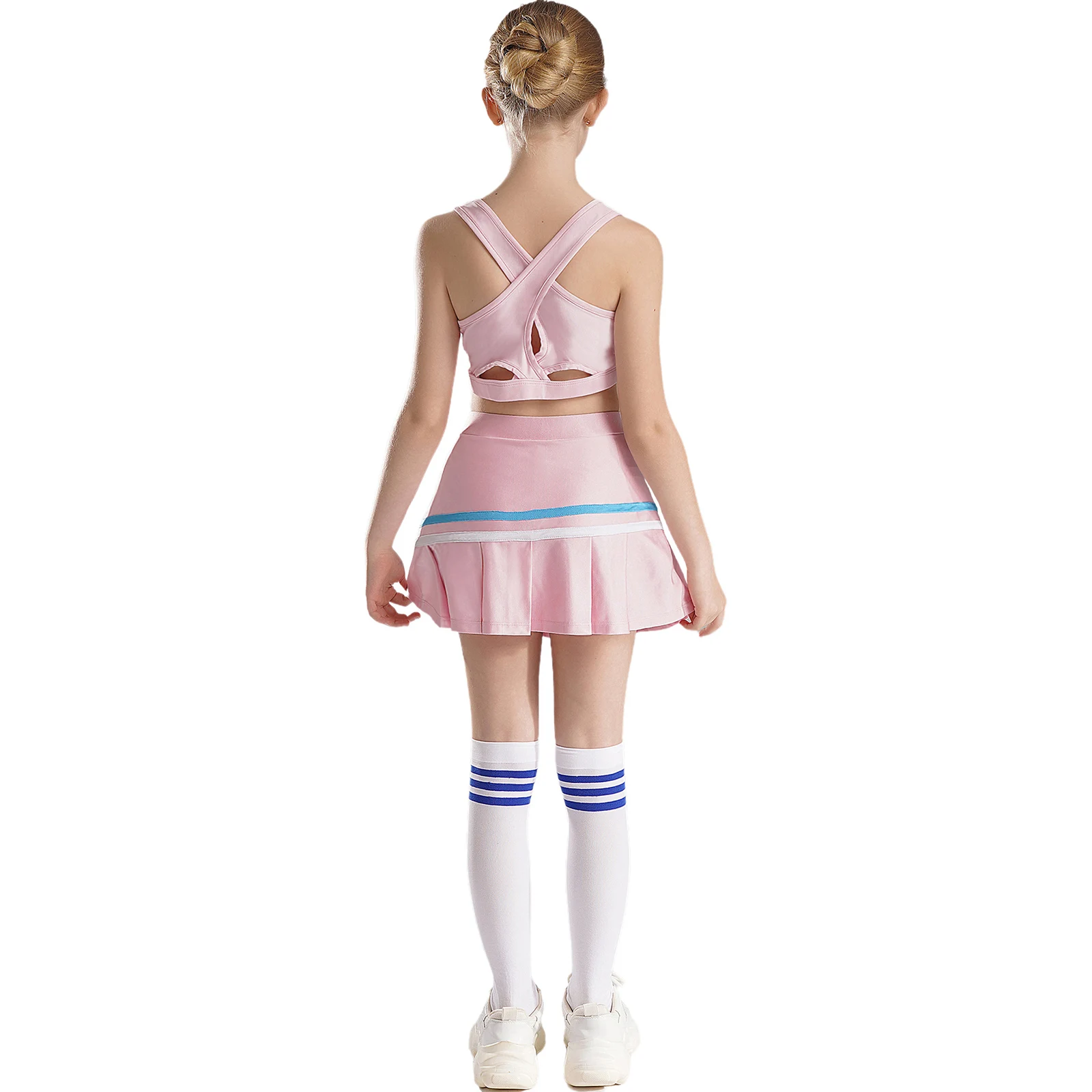 Kids Girls Cheerleading Dance Sports Set Cross Back Sleeveless Crop Top with A-Line Pleated Tennis Skirt for Golf Badminton Suit