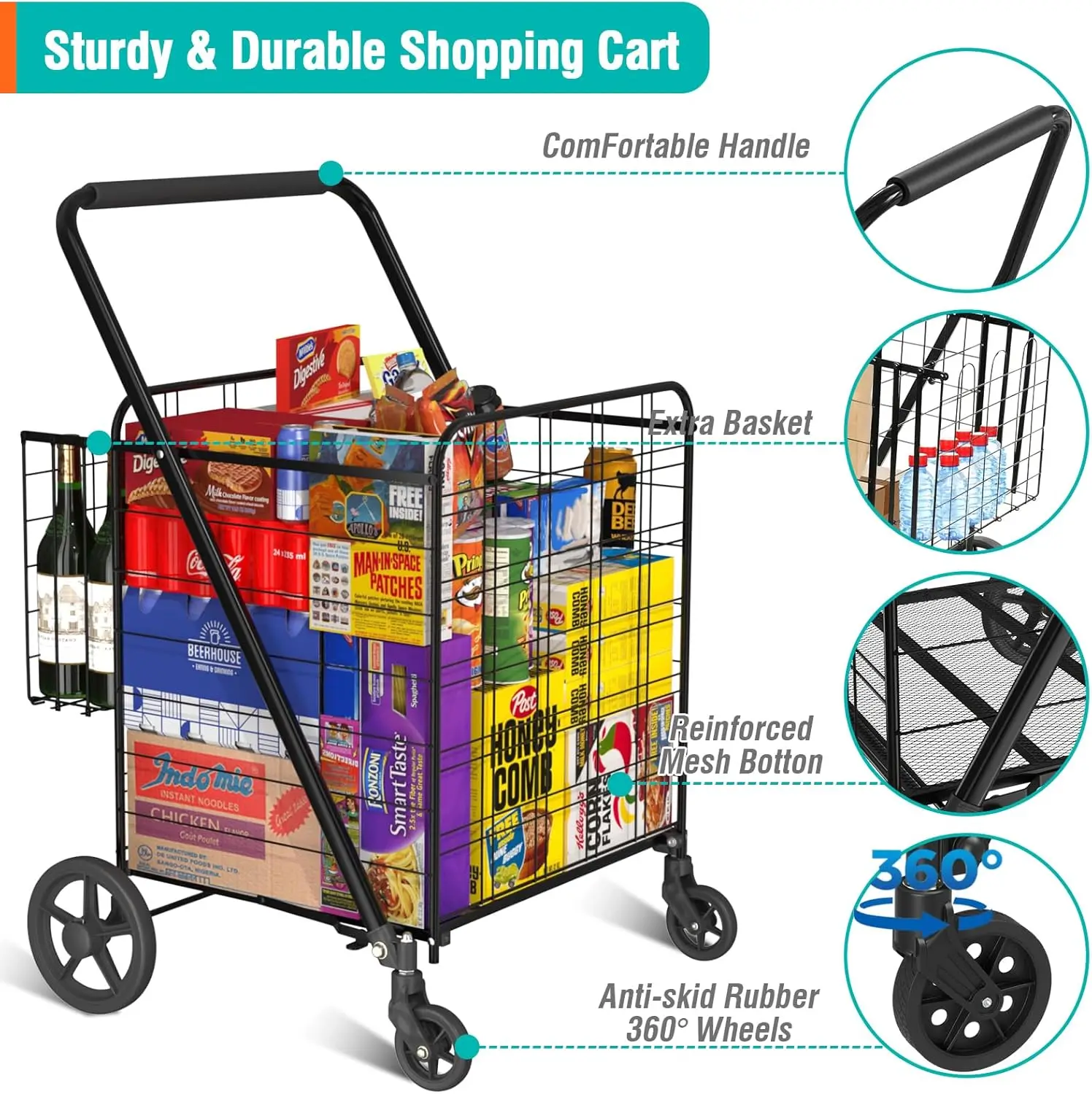 Carrito de compras plegable para comestibles, carrito de comestibles de gran capacidad, 360 °   Ruedas giratorias enrollables