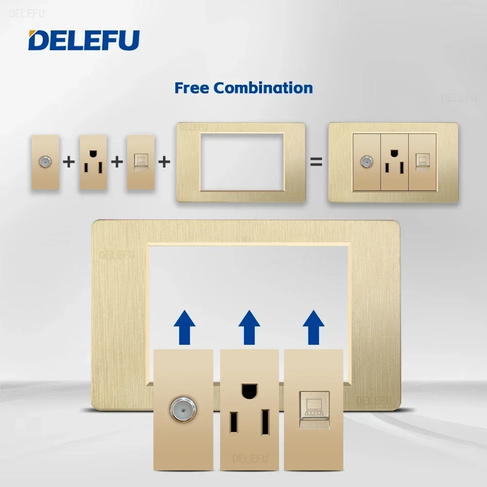 DELEFU Gold PC brushed panel American Standard series 118*74mm wall computer combination socket switch