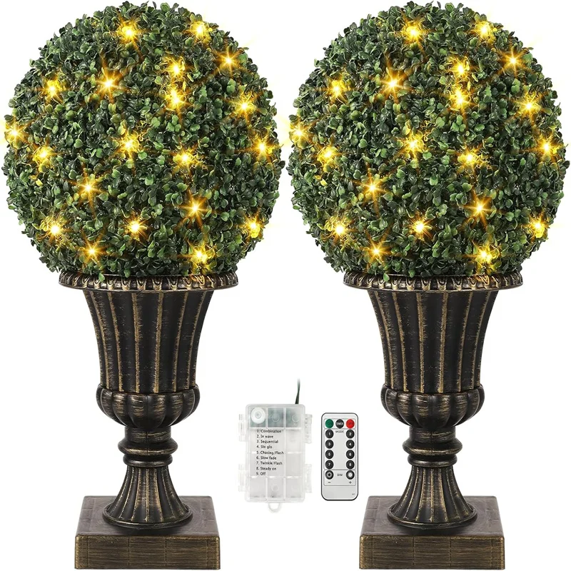 1 PC 16” Artificial Plant Topiary Ball, Pre-Lit Artificial Topiary Plant with Light, Timer、Remote Control  Porch with Urn Base