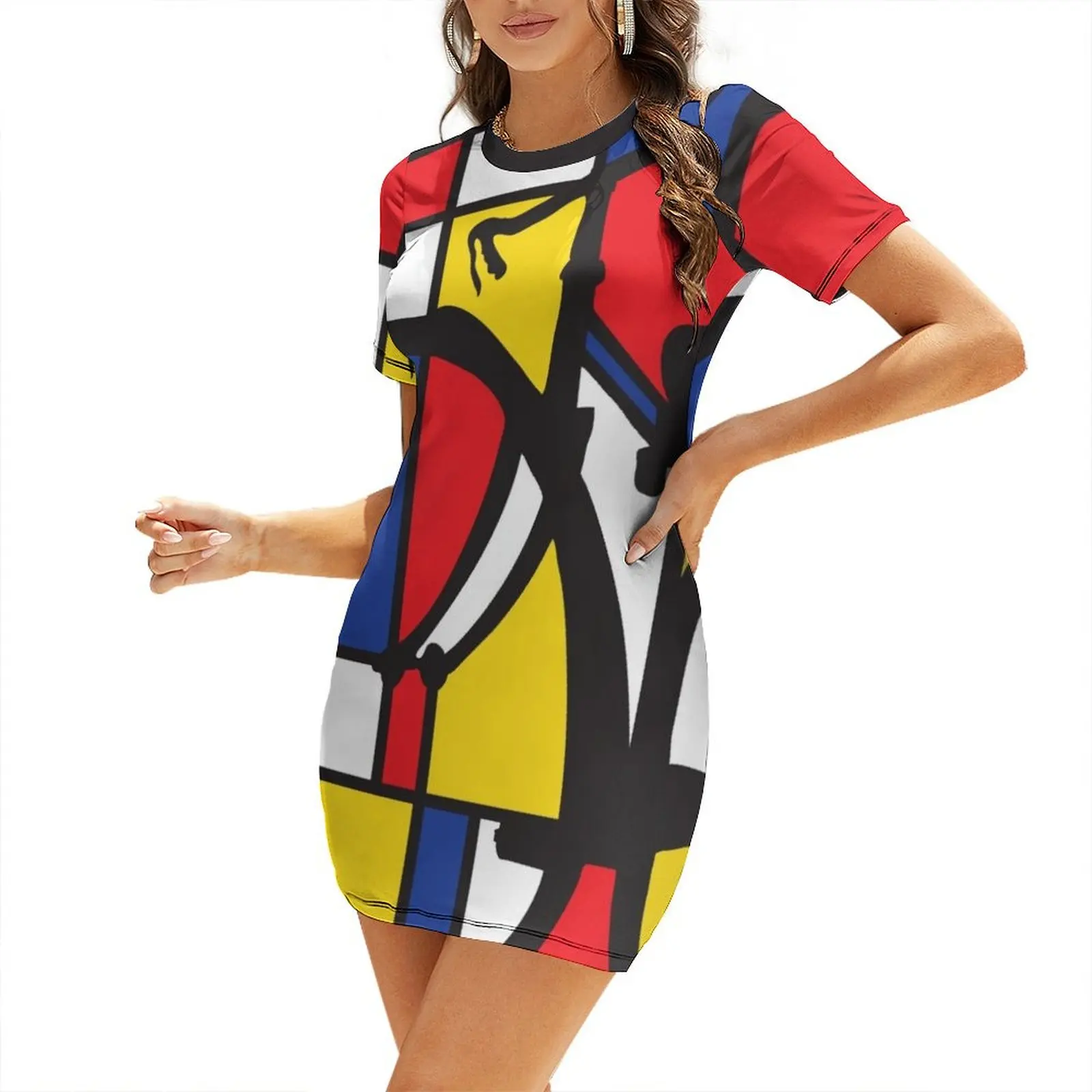 

Mondrian Bicycle art Short-Sleeved Dress summer dress Woman clothing Female dress party night