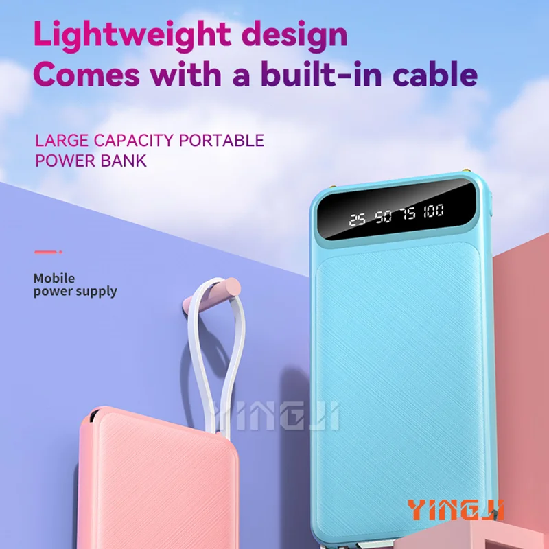 

Ultra thin new digital display with built-in cable power bank, large capacity portable power bank gift
