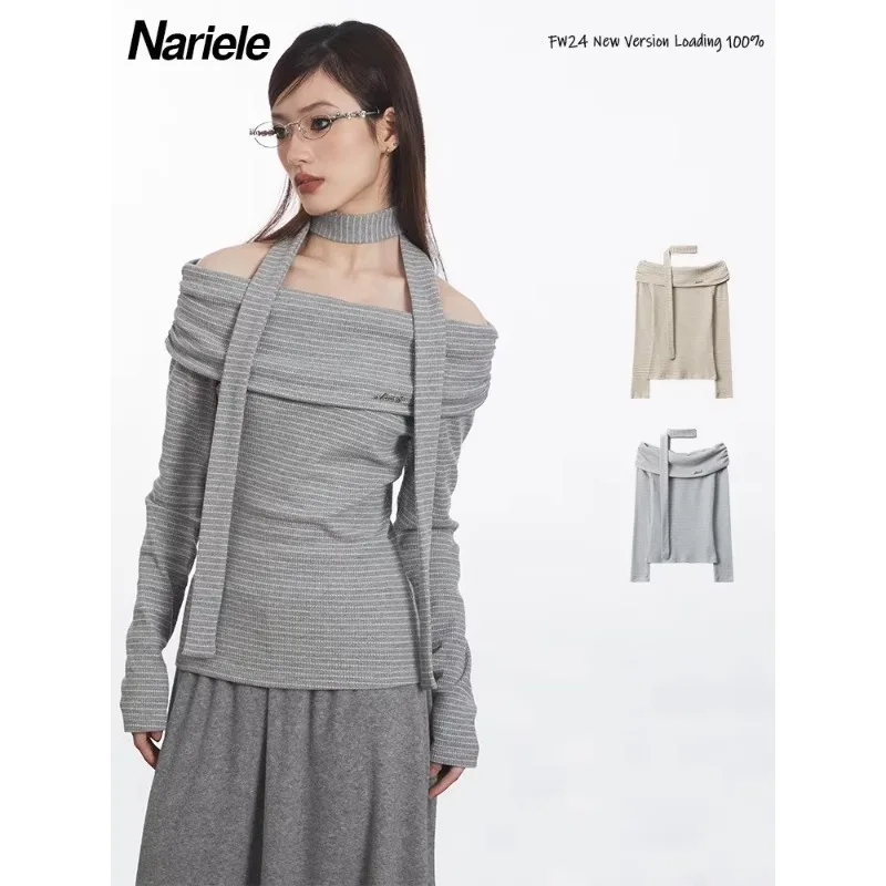 Nariele Knitted Tops 2024 Autumn Winter Long Sleeve Slash Neck Warm Solid Color Basic Striped T-shirt Pullovers Jumpers Sweater