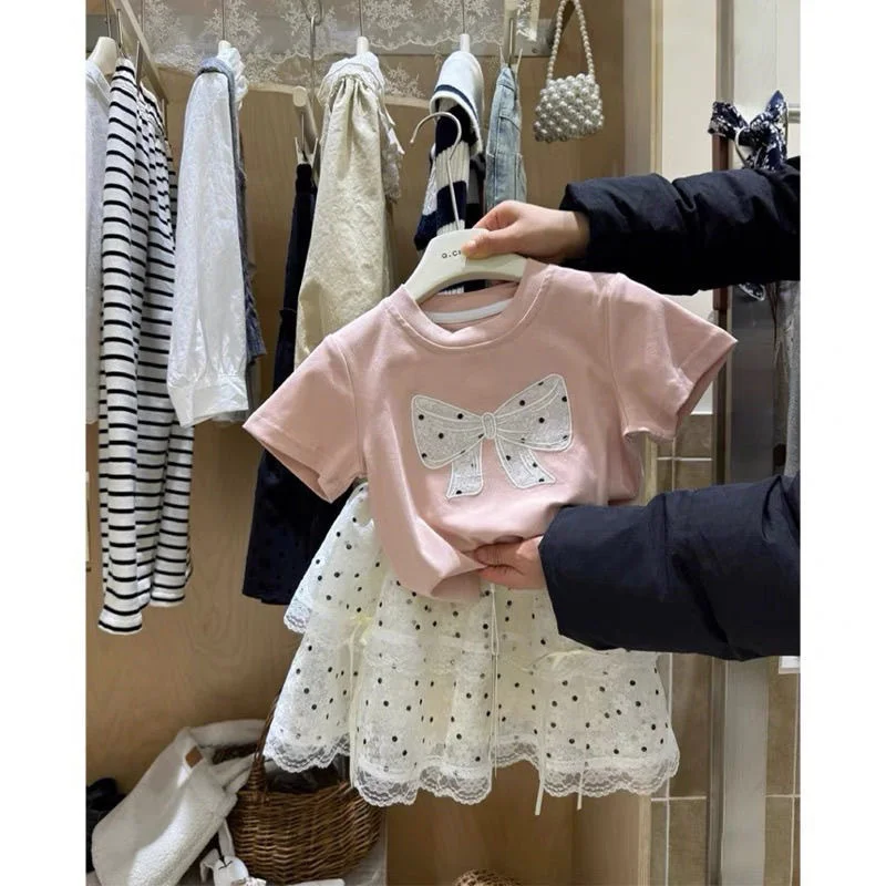 

Модная детская одежда с короткими рукавами для детей 2–8 лет, летняя юбка для девочек, комплекты из 2 предметов, детская одежда, футболка с бантом + юбка в горошек, костюмы