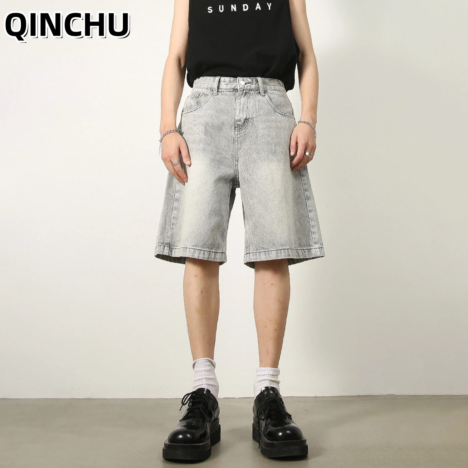 

QINCHU 2026 New Retro Old Blue Denim Shorts Men's Loose Straight Five-point Pants Versatile