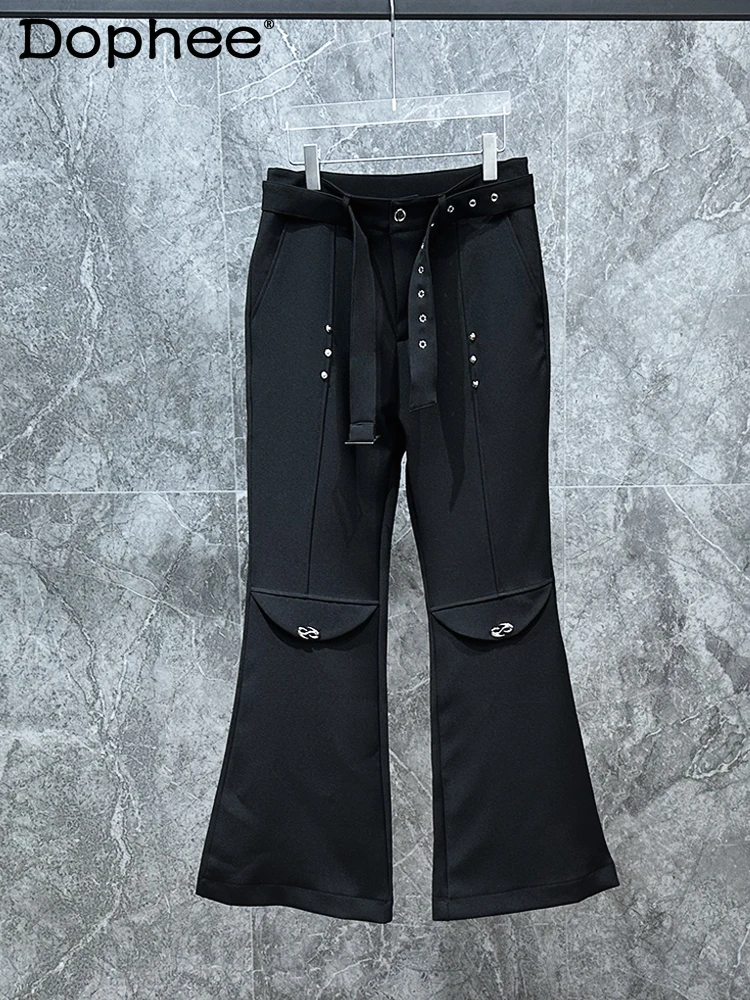 

2024 Black Zipper Chic Micro-Flared Suit Pants Men's Metal Belt Design Trendy Straight Pants Male Loose Comfort Blazer Trousers