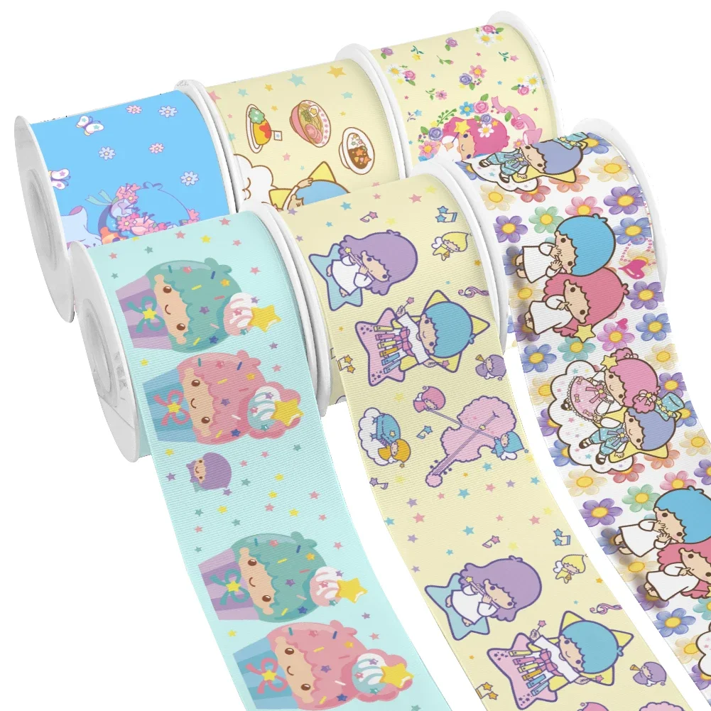 Sanrio Cartoon Little Twin Star Pattern Printed Grosgrain Satin Ribbon for Gift Wrapping Hair Bow Craft Accessory 50 Yards