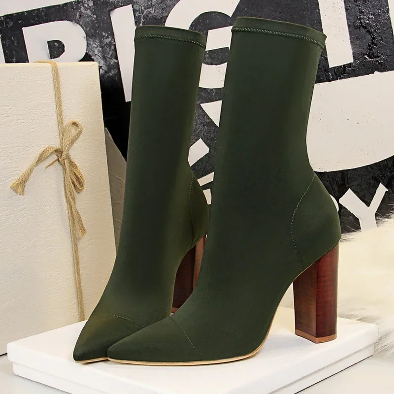 BIGTREE Schoenen Stiletto Sexy Puntschoen Sokken ENKELlaarzen Zwart Groen Stretchstof Vierkante hak Winterlaarzen