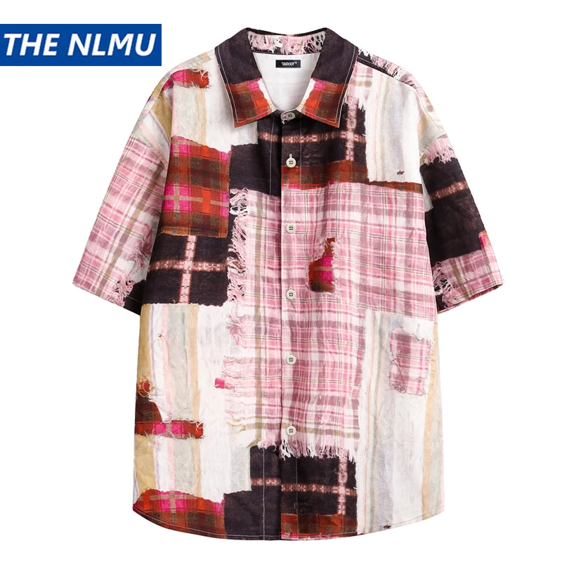 Vintage Broken Splicing Plaid Shirts Oversized Loose Short Sleeve Shirt Button Up Blouse Unisex Pink Shirts 2024 Summer Tops