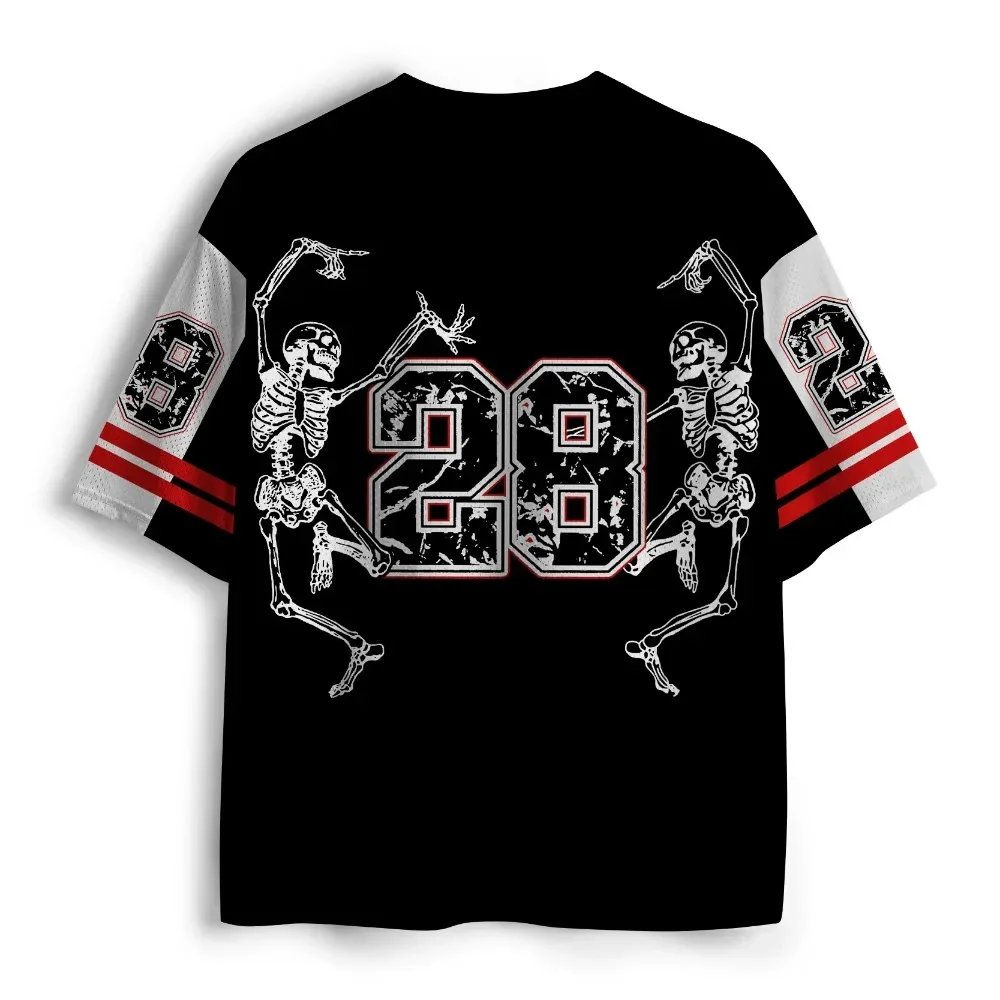 See You In Hell Skeleton Bonfire Dance Graphic V Neck Mesh Football Jersey Unisex Oversized Drop Shoulder Short Sleeve Tee
