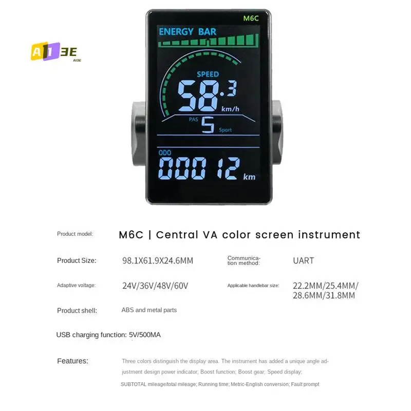 

A03E-M6C Electric Bike LCD Display Meter 24V-60V E Scooter LCD Panel Color Screen Parts With USB For Mountain Electric Bike (5PI