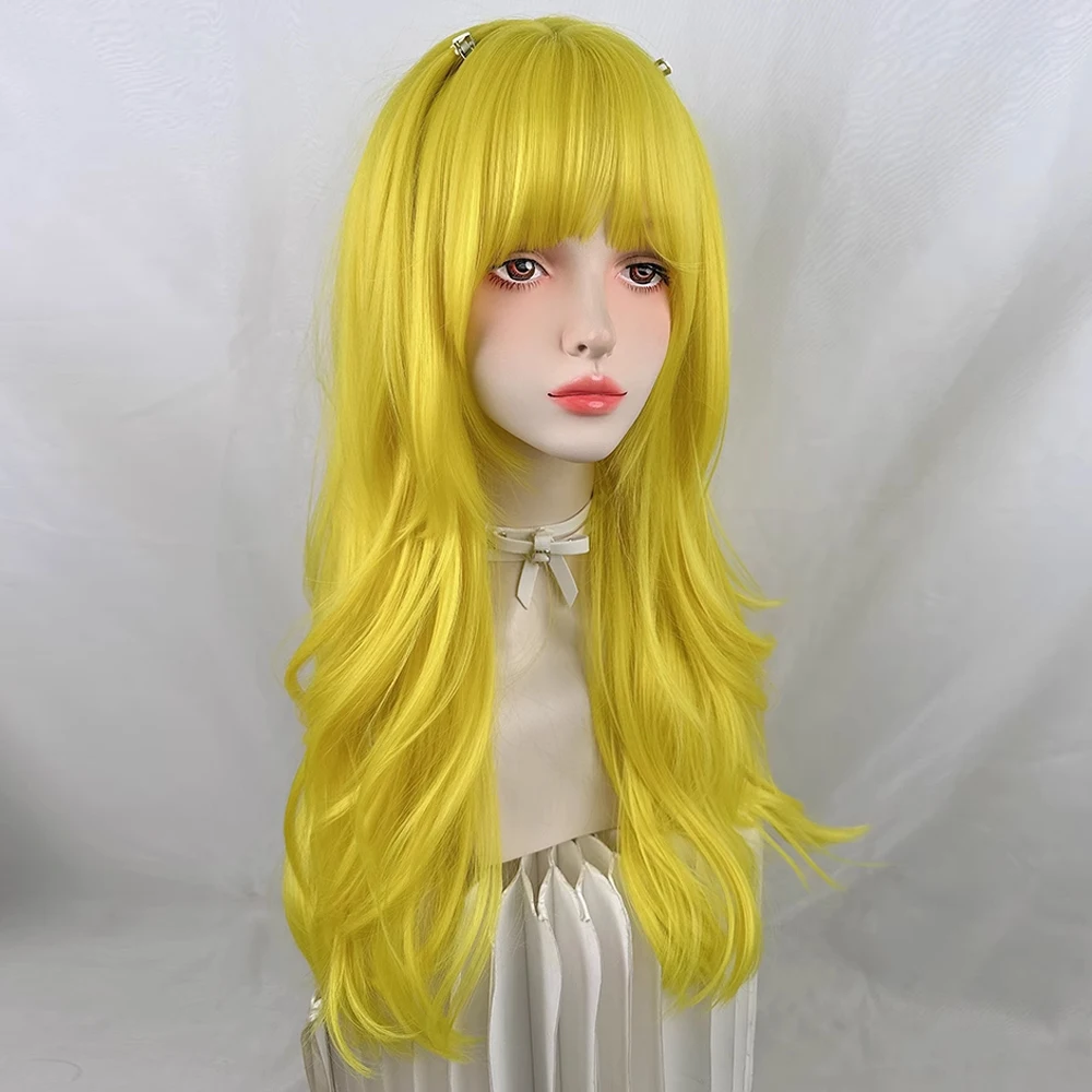 المرأة الاصطناعية الأصفر طويل مستقيم متموج الباروكات مقاومة للحرارة رقيق لوليتا شعر مستعار تأثيري مع الانفجارات للحزب اليومي #3