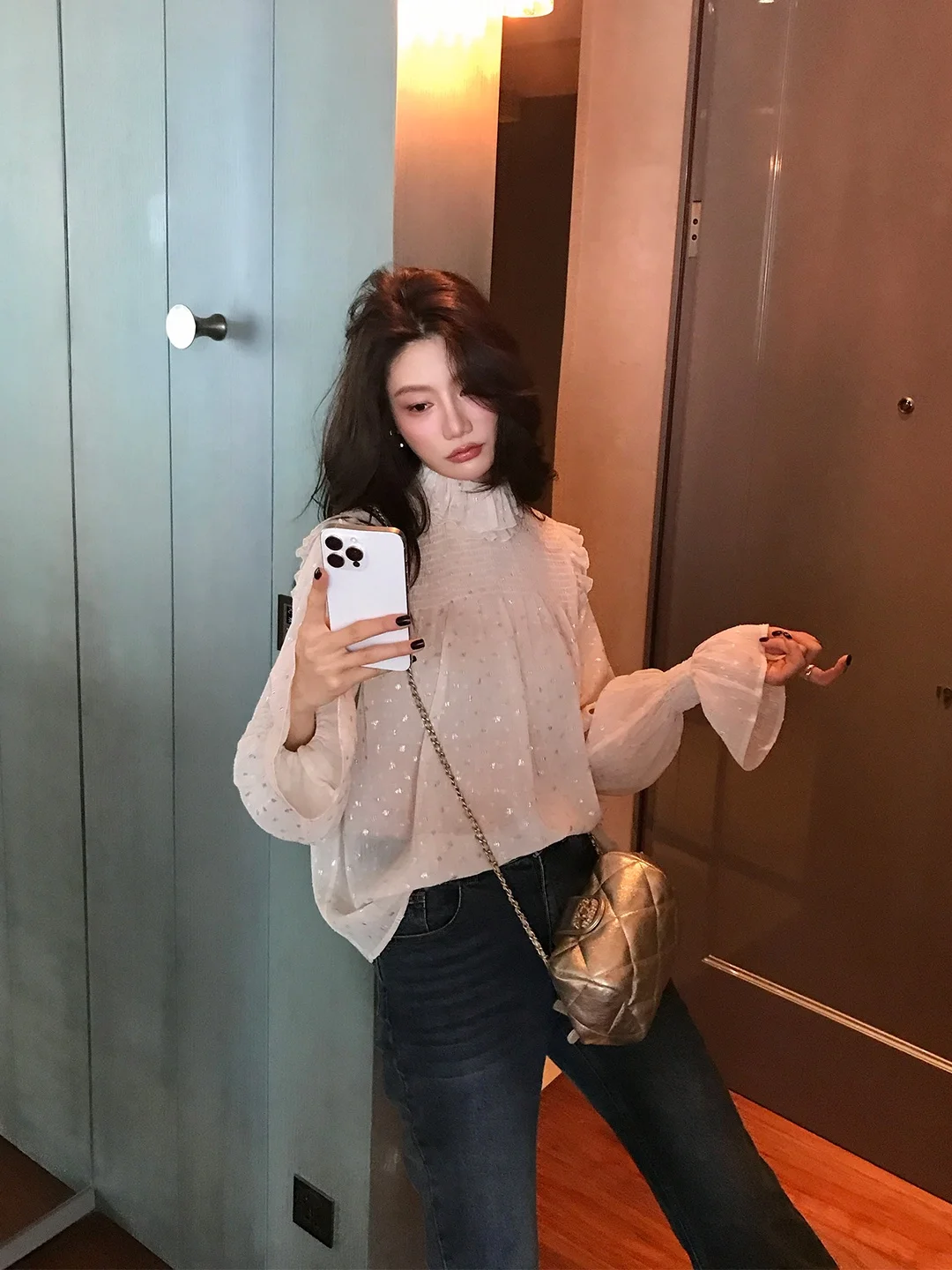 

Dragon Joy White Lace Trim Chiffon Top Women's Spring Autumn Gentle Sle Lantern Sve Polka Dot Blouse Soft Casual Loose Fit