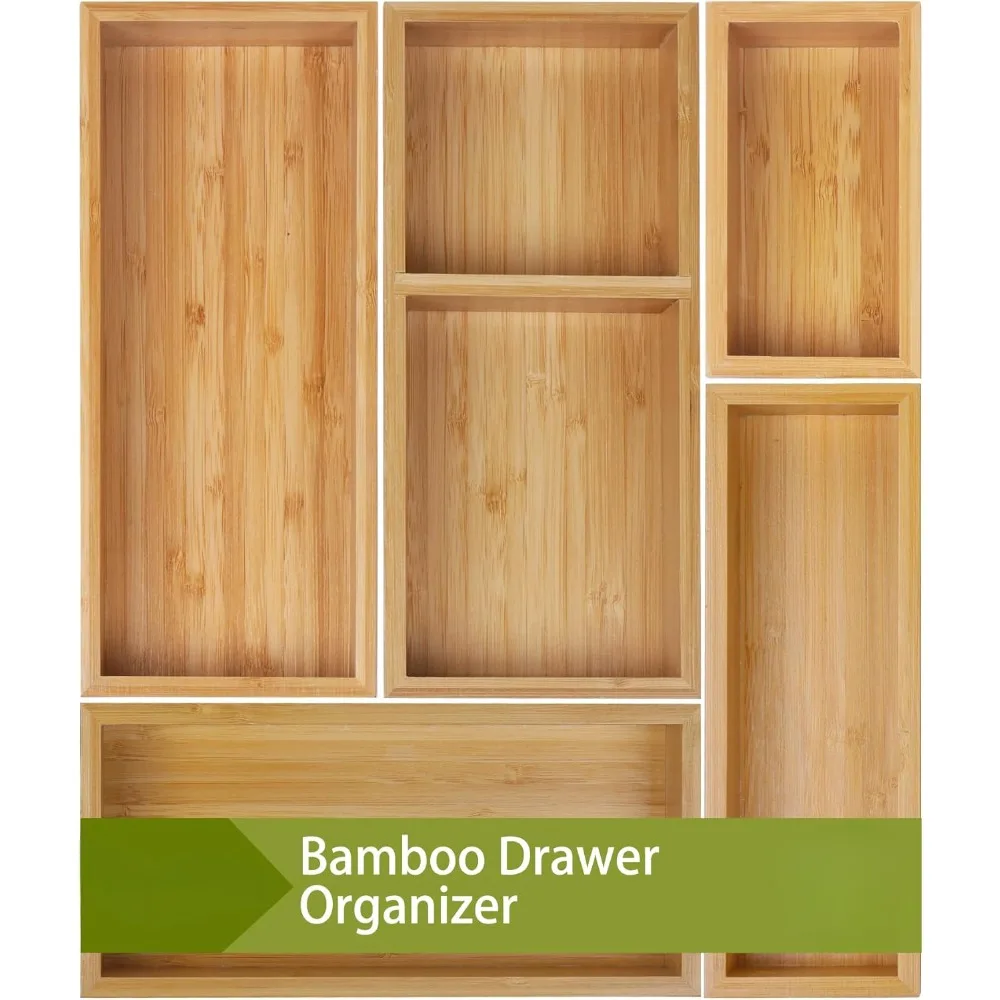 Bamboo drawer organizer Group, 5 multi-purpose personal wood storage organizers, trash drawer dividers