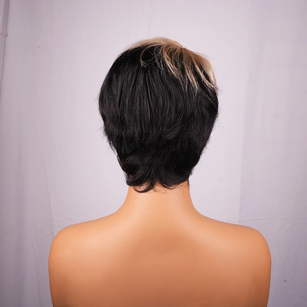 ブラウンブラックハイライト人毛ウィッグ ショートピクシーカット 前髪付き ストレートヘア 機械製 黒人女性向け レイヤードナチュラルルック