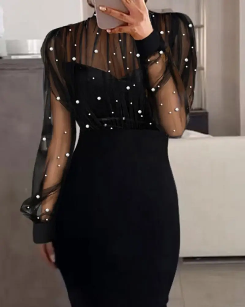 Elegant Party Dresses Woman Sexy Sheer Mesh Patch Beaded Bodycon Dresses Elegant Tight Urban Long Dress Fashion Women\'s Clothes