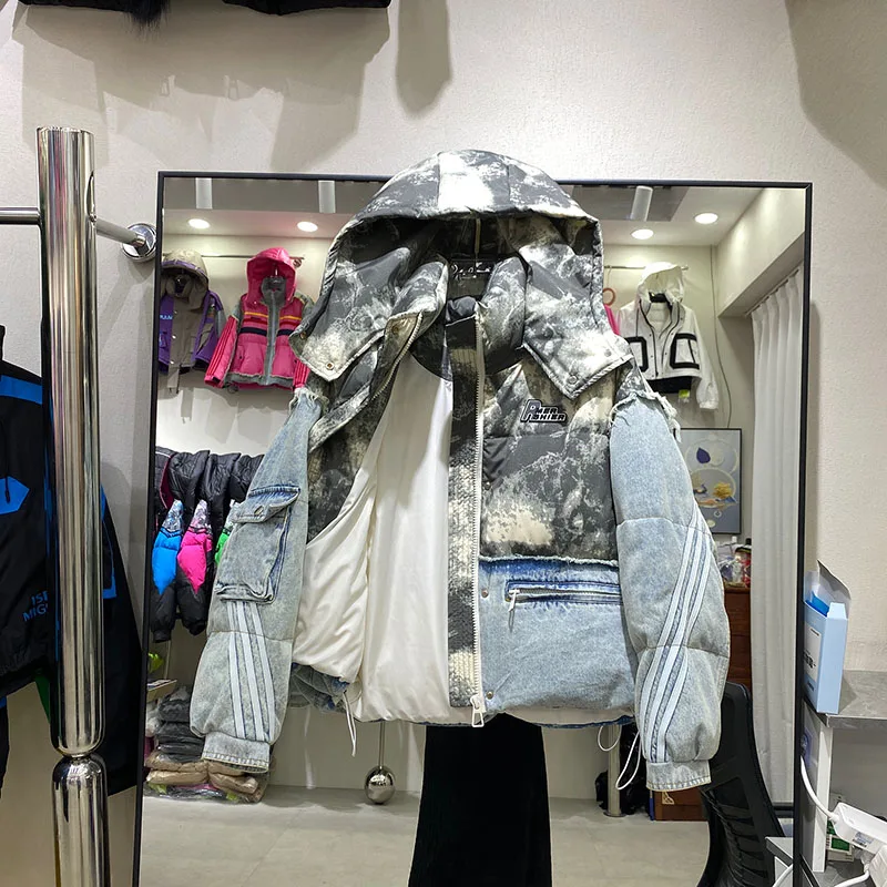 2025 Winter New Cowboy Splicing Down Jacket Detachable Hat Versatile Blended Color Contrasting White Duck Down Warm Coat