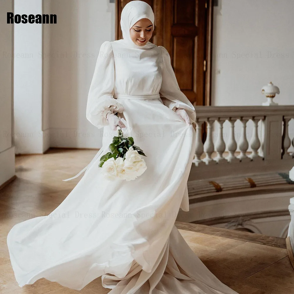 

Muslim High Collar Ivory A-line Wedding Dresses Full Belt 2024 Design Satin Floor Length Bride Dress Brush Train robe de mariée