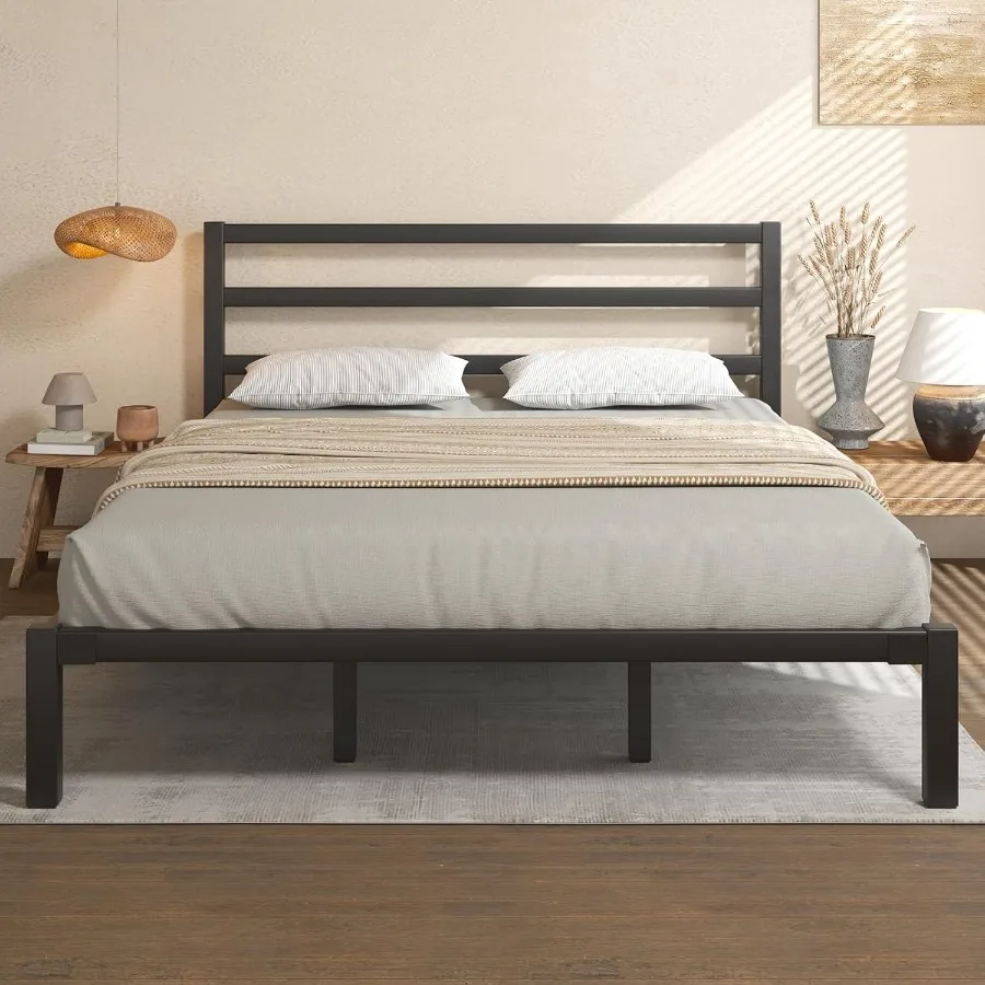 King Size Bed Frame Metal Platform Bed Frame with Headboard Mattress Foundation with Spacious Underbed Storage No Box Spring ed
