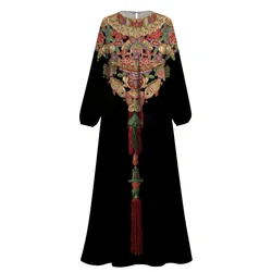 Moda Abaya kobiety sukienki muzułmańskie odzież islamska nadruk Boho dubaj marokańska szata Femme z długim rękawem wokół szyi sukienka Kaftan