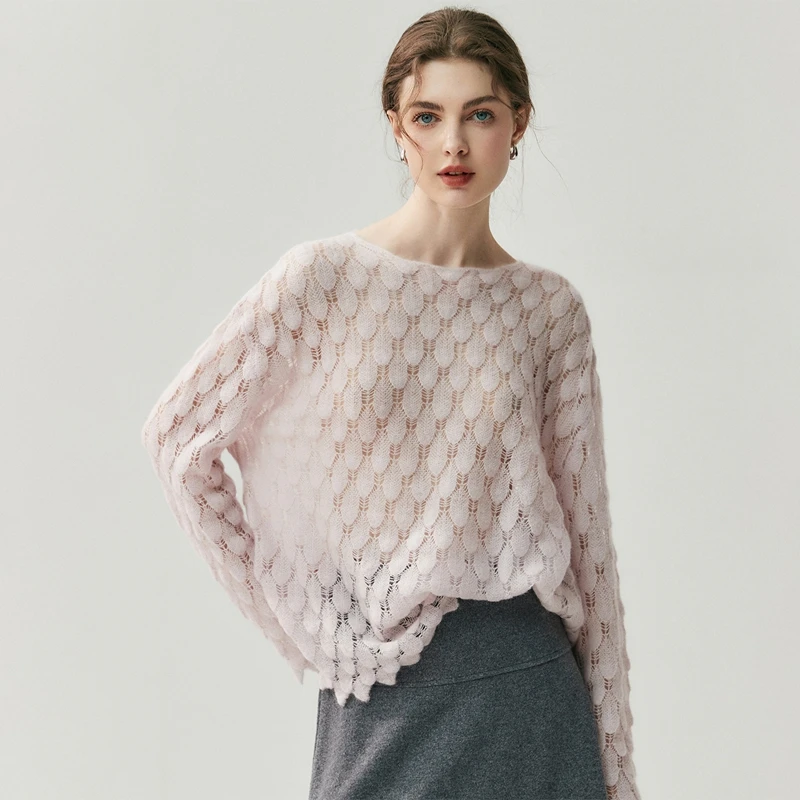 

100% Шелковый Кашемировый Вязаный Свитер Женский, Пуловер с Круглым Вырезом, Модный Свитер с Декором в Виде Листьев, Весенне-Осенний Тонкий Базовый Свитер