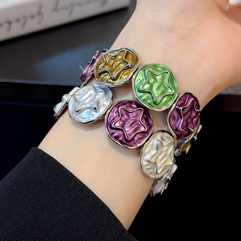 

Minar Sweet Cool Candy Color Enamel Irregular Round Star Bangles for Women Silver Plated Alloy Wide Chunky Adjustable Bracelet