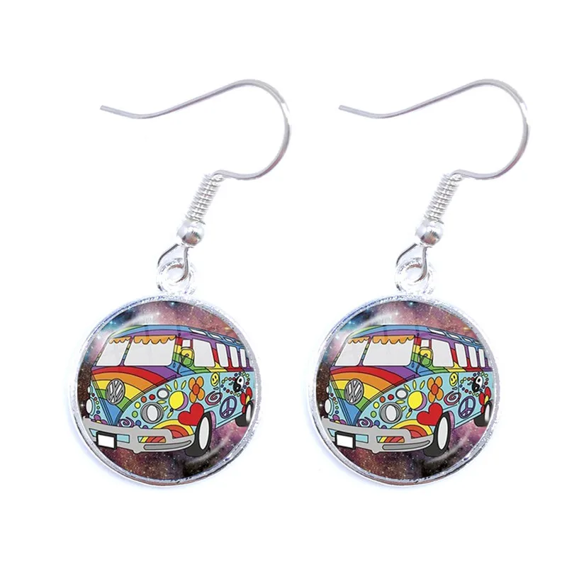 Vintage Blue-Red-Yellow Hippie Peace Van Bus Photo Drop Earrings Retro Beach Bus Car Collectors Bus Peace Sign Jewelry For Women