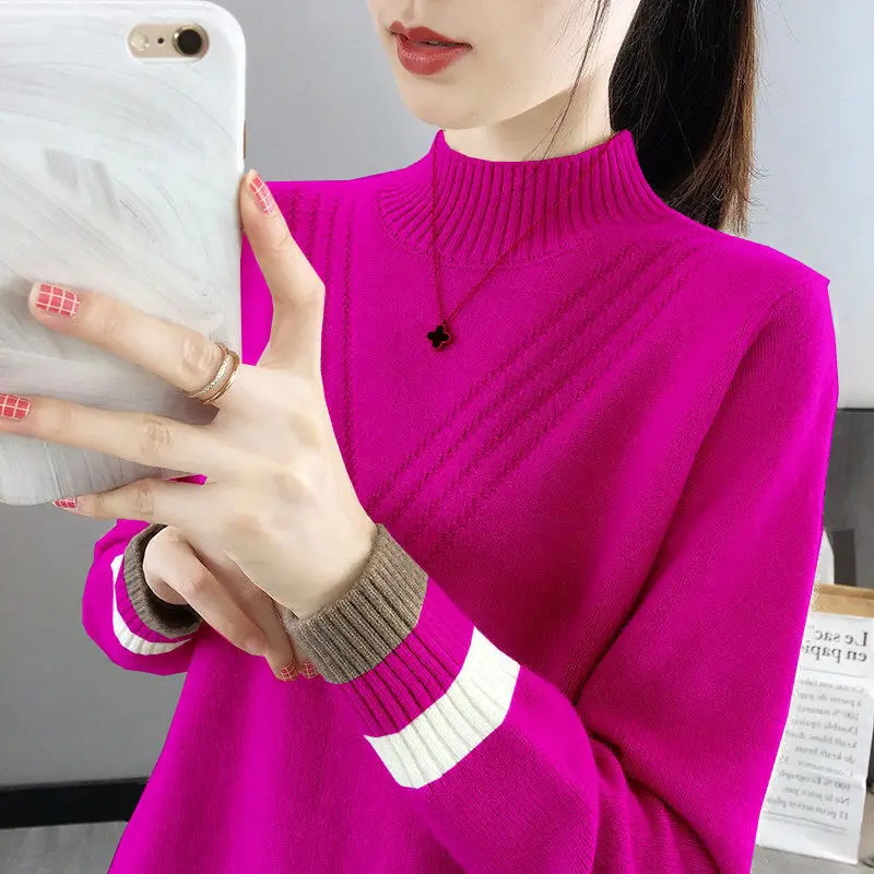 Stylish Half High Collar Spliced All-match Knitted Sweater Women\'s Clothing 2022 Autumn New Loose Casual Pullovers Commute Tops