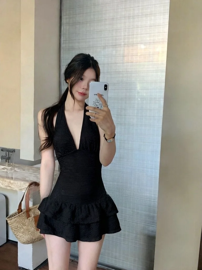 

Sexy Lady Thermal Spring Neck Hanging Deep V Black Pants Skirt Conservative White Holiday Women's Swimsuit Slimming