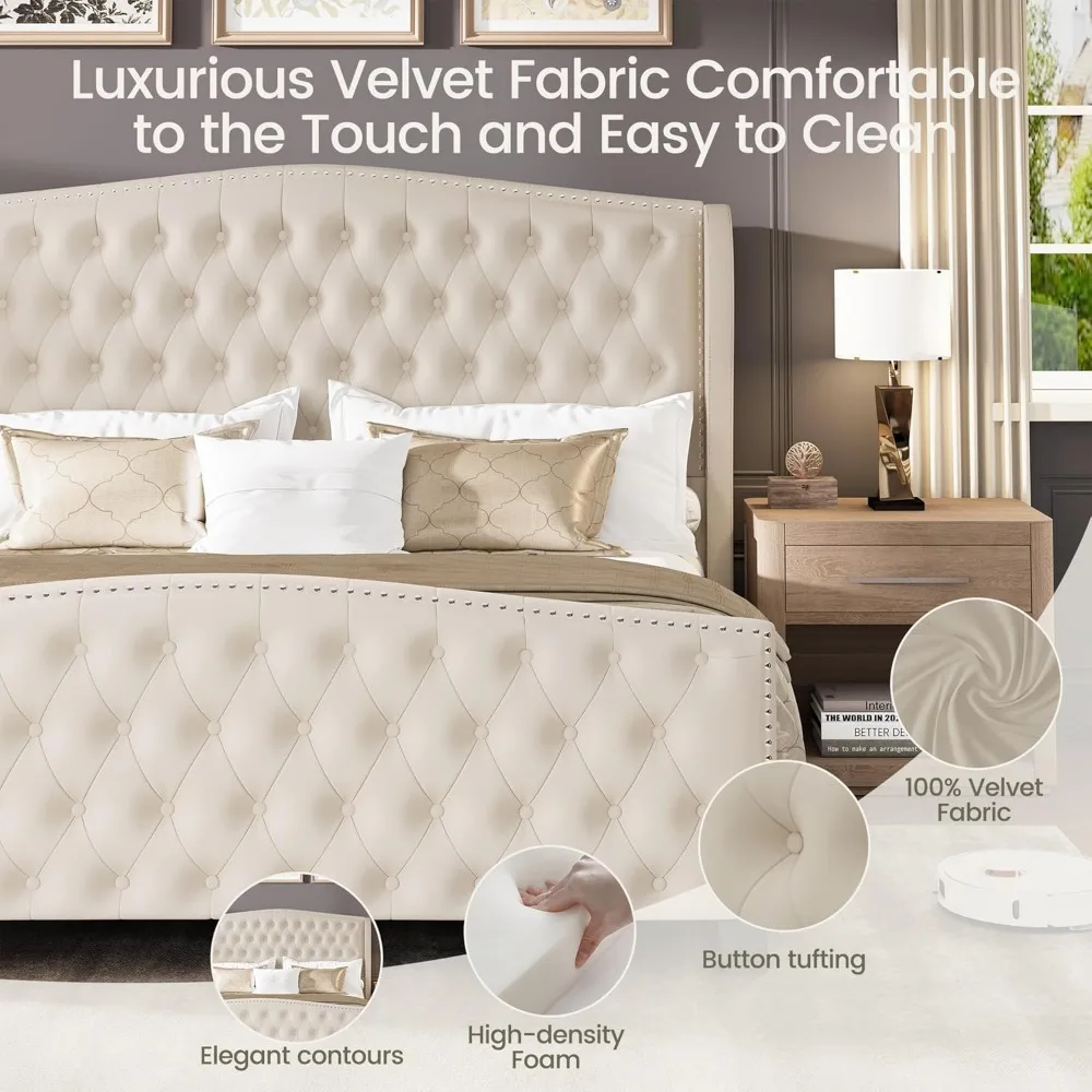 โครงเตียงขนาดคิงไซส์เตียงแพลตฟอร์มหุ้มกํามะหยี่พร้อมหัวเตียงและที่วางเท้าแบบ Wingback, กระดุมลึก, โครงเตียง