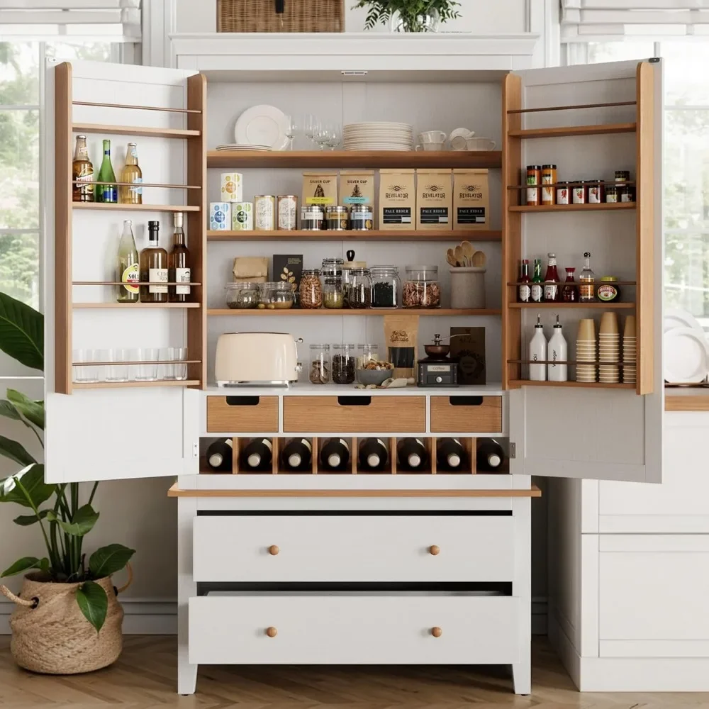 Tall Kitchen Pantry Cabinet,Wood Cupboard with 8 Door Storage Shelves,Large Storage Cabinet with Drawers & Adjustable Shelves