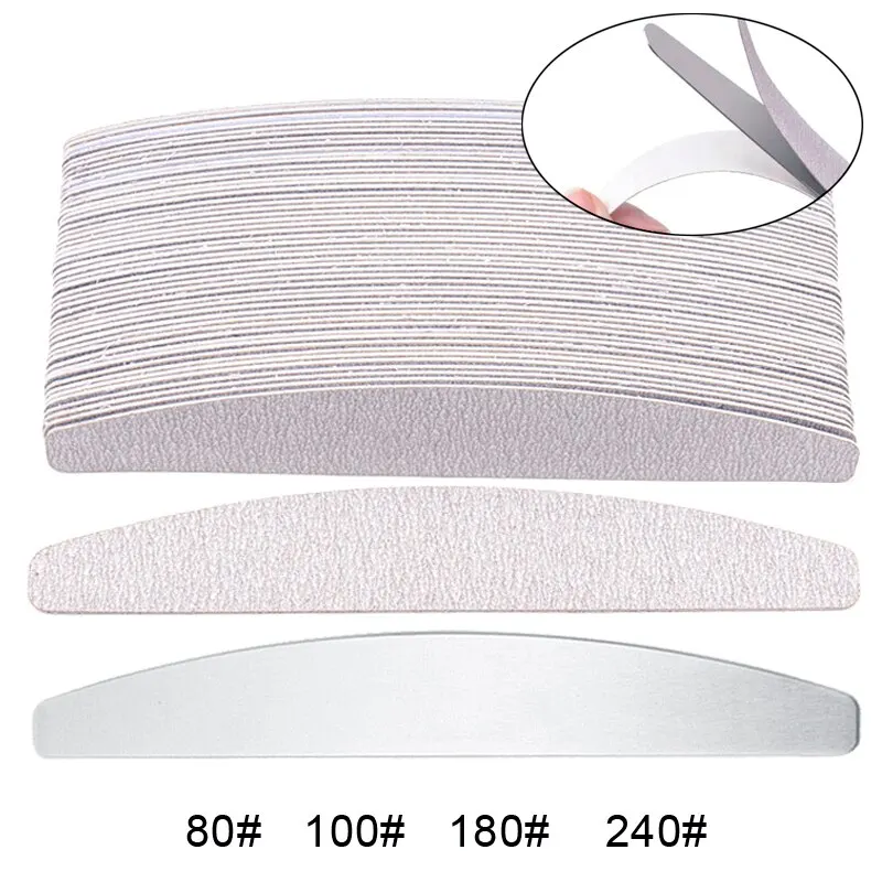 100 Pcs/Lot Replacement Nail Files 80/100/180/240 Grit Half Moon Grey Sandpaper Pads With Metal Handle Removable Durable Files