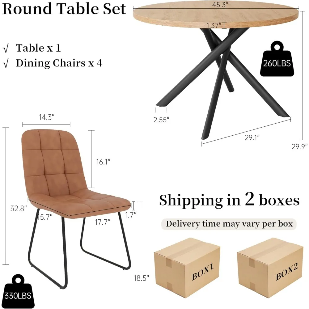 45.3 Inch Round Dining Table Set for 4, Mid Century Modern Small Kitchen Coffee Table Set  (Table + 4 U-Shaped Brown Chairs)