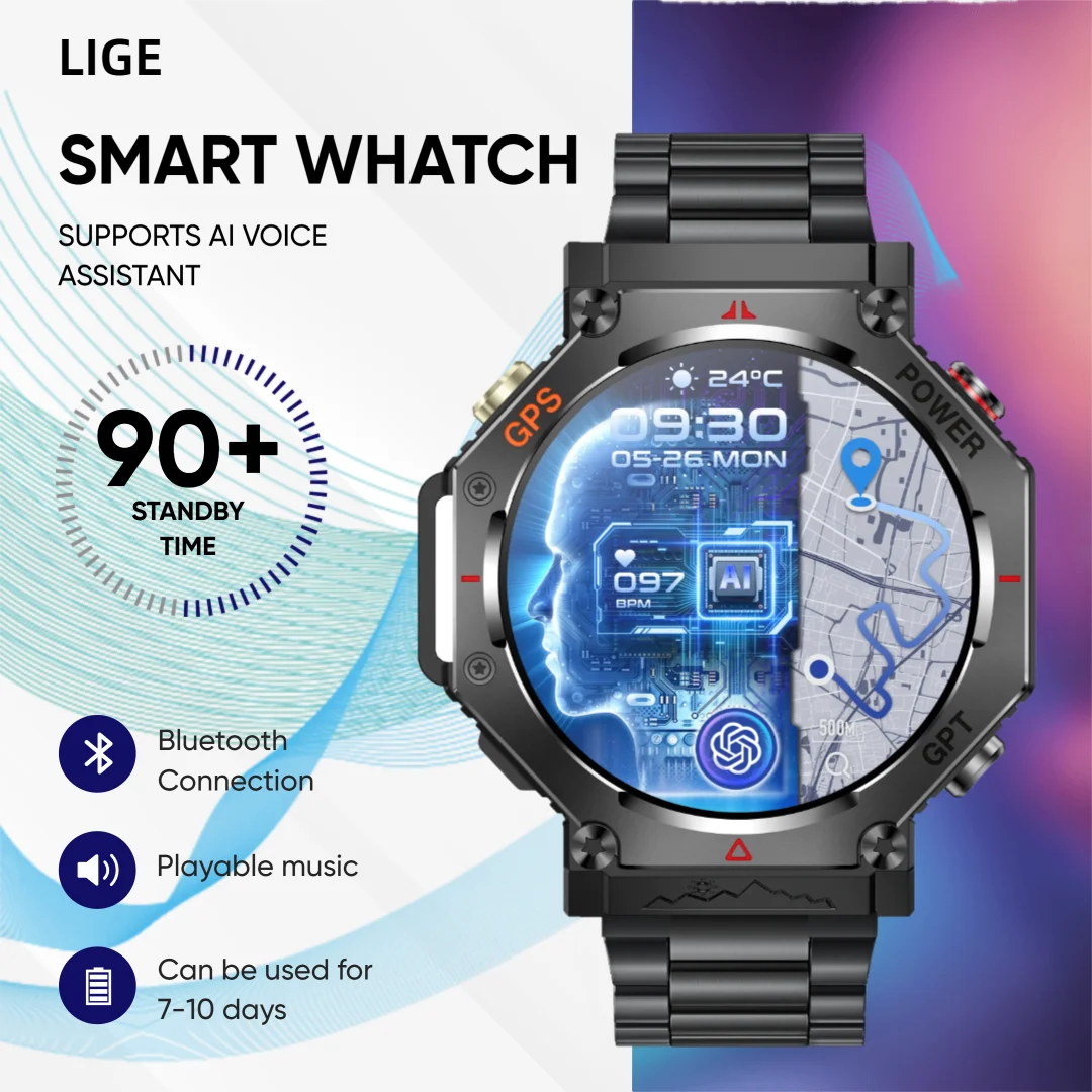 

LIGE 530mAh Smart Watch AMOLED HD 360*360 Resolution Smartwatch Blood Oxygen Health Monitor Men Smartwatches 100+Sports Tracker