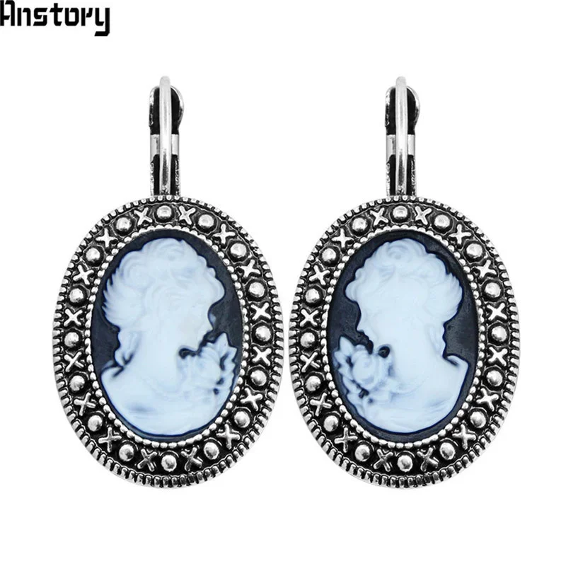 Lady Queen Cameo Hook Earrings For Women Vintage Look Antique Silver Plated Fashion Jewelry TE491