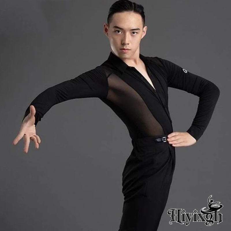 

2026 New Long Sleeves Latin Dance T-shirt Boy's Practice Top Wear Men's Deep V Neckline Seethrough Design Charles Shirt